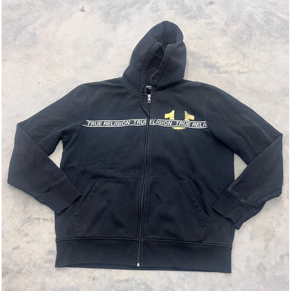 True Religion Hoodie Mens XL Black Horseshoe Logo Fleece Full Zip Streetwear Y2K